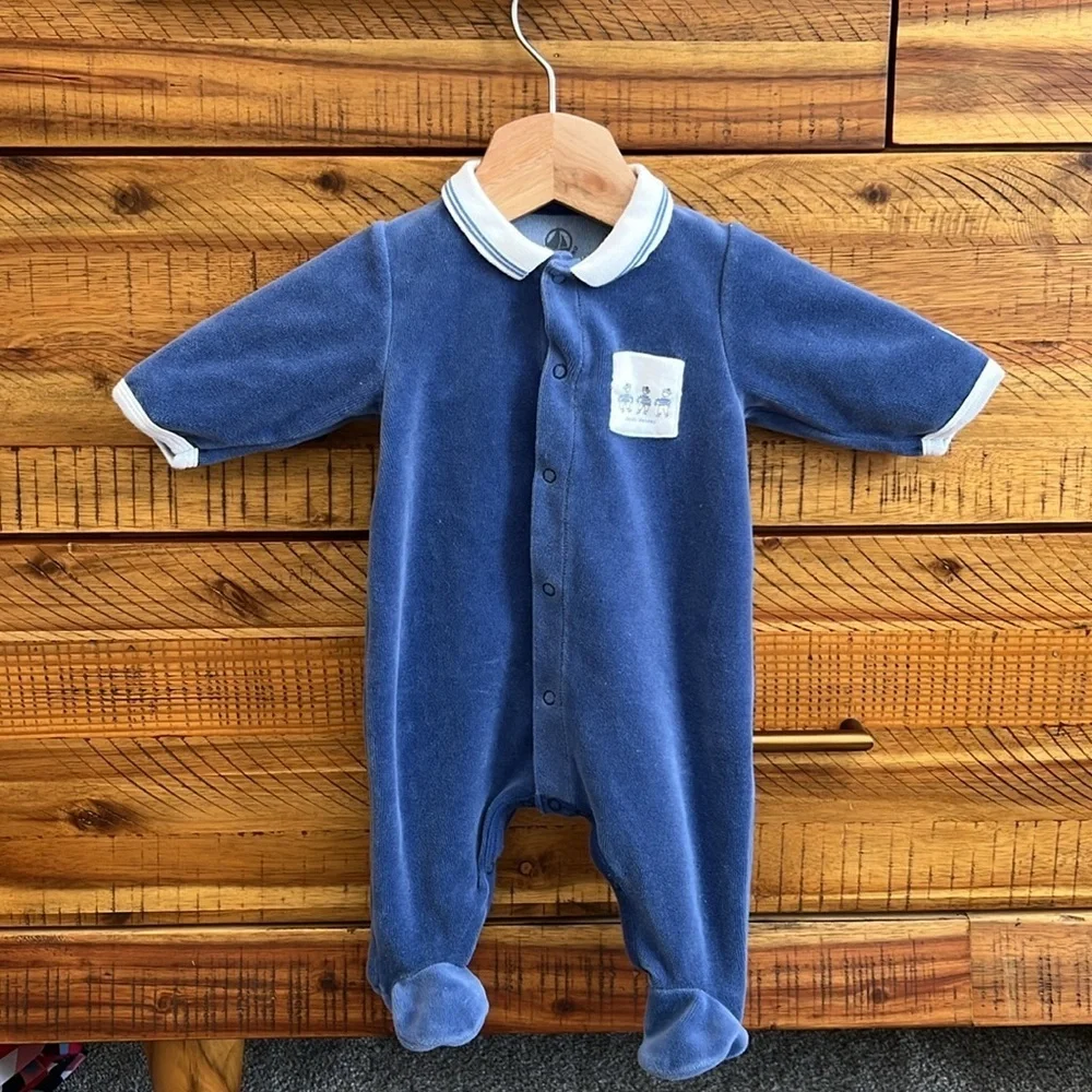 Petit Bateau Blue  Velour Footie 1 month